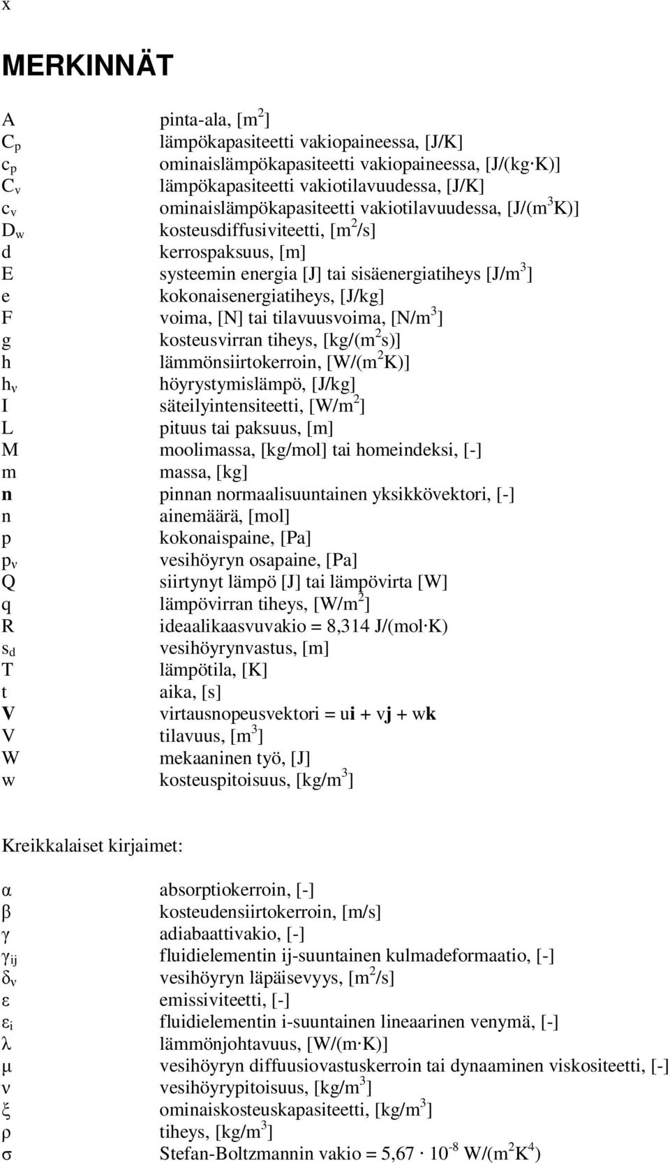 F voima, [N] tai tilavuusvoima, [N/m 3 ] g kosteusvirran tiheys, [kg/(m s)] h lämmönsiirtokerroin, [W/(m K)] h ν höyrystymislämpö, [J/kg] I säteilyintensiteetti, [W/m ] L pituus tai paksuus, [m] M