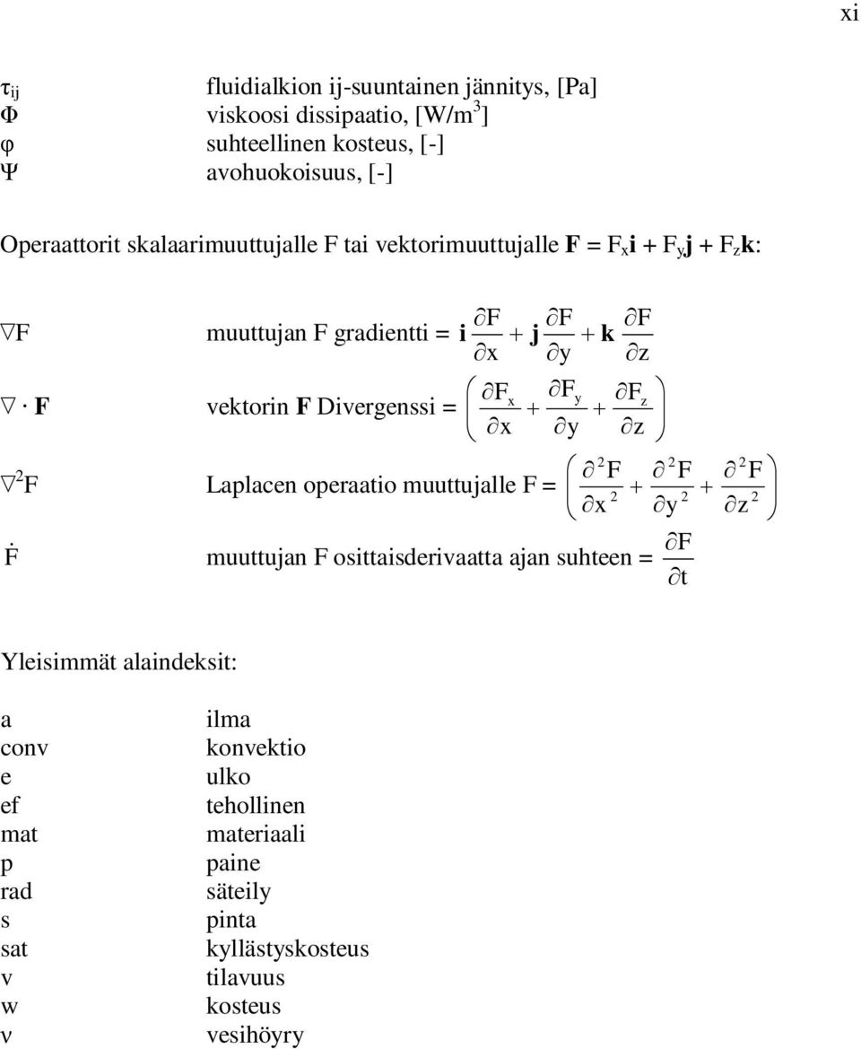 y z Fy y Fz z F æ F F F Laplacen operaatio muuttujalle F = ö ç è x y z ø F & F muuttujan F osittaisderivaatta ajan suhteen = t ö ø Yleisimmät