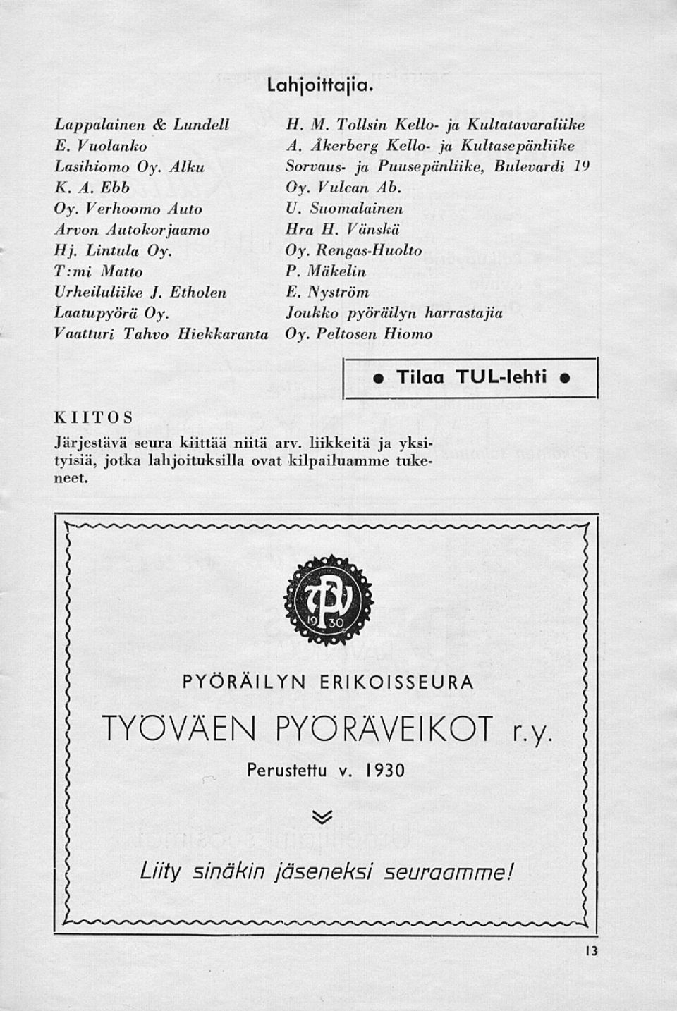 Vulcan Ab. U. Suomalainen Hra H. Vänskä Oy. Rengas-Huolto P. Mäkelin E. Nyström Joukko pyöräilyn harrastajia Oy.