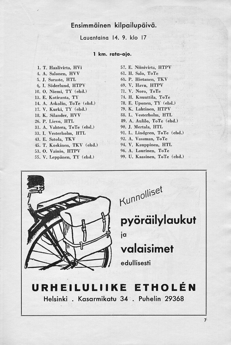 L. Vesterholm, HTL 89. A. Aulilo, ToTe (ehd.) 90. J. Mertala, HTL 91. L. Lindgren, ToTe (ehd.) 92. A. Vassman, ToTe 94. V. Kauppinen, HTL 96. A. Laurinen, ToTe 17. V. Kurki, TY (ehd.) JB. K. Silander, HYY 26.