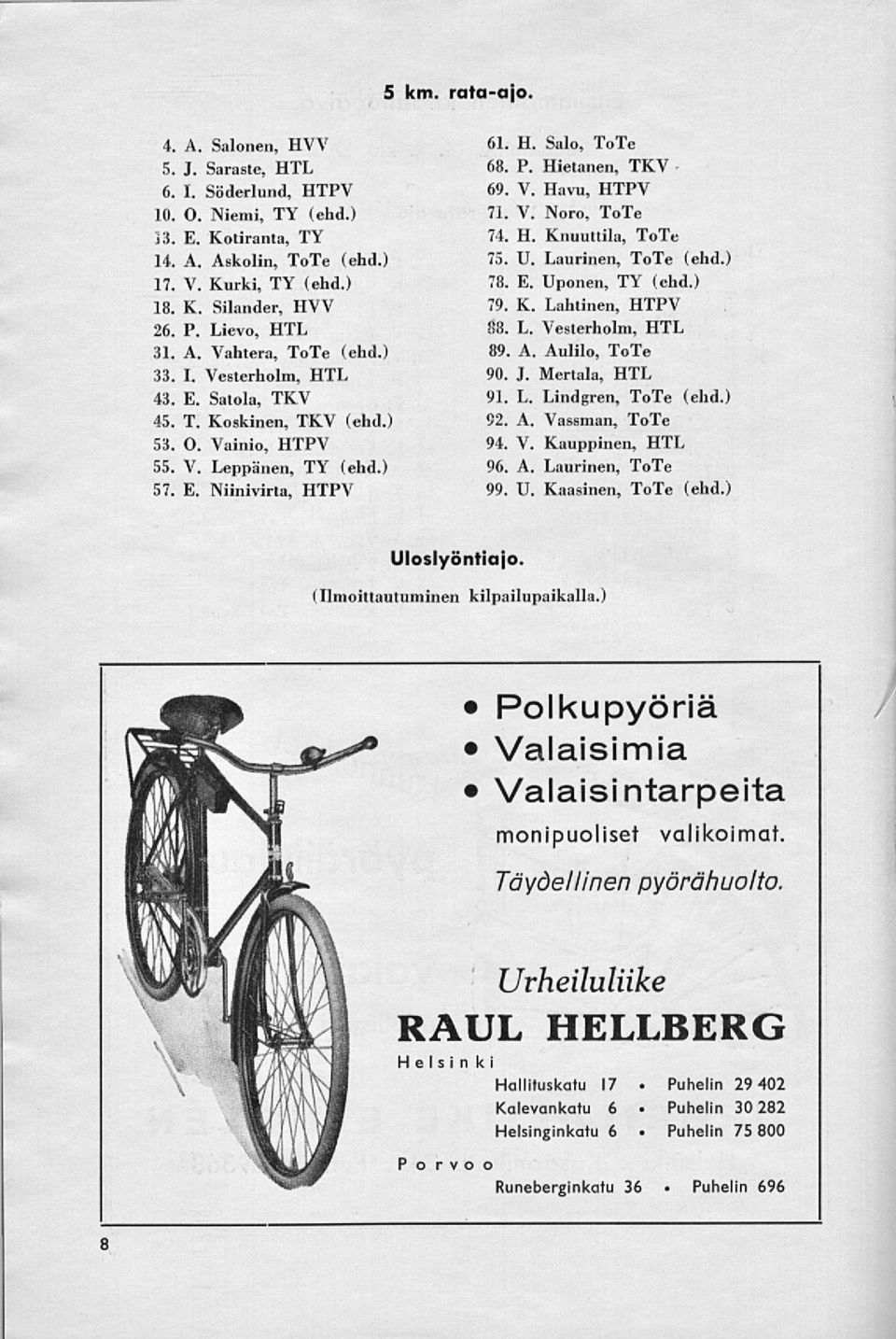 ) 57. E. Niinivirta, HTPV 6J. H. Salo, ToTe 68. P. Hietanen, TKV 69. V. Havu, HTPV 71. V. Noro, ToTe 74. H. Knuuttila, ToTe 75. U. Laurinen, ToTe (elid.) 78. E. Uponen, TY (ehd.) 79. K. Lahtinen, HTPV 88.