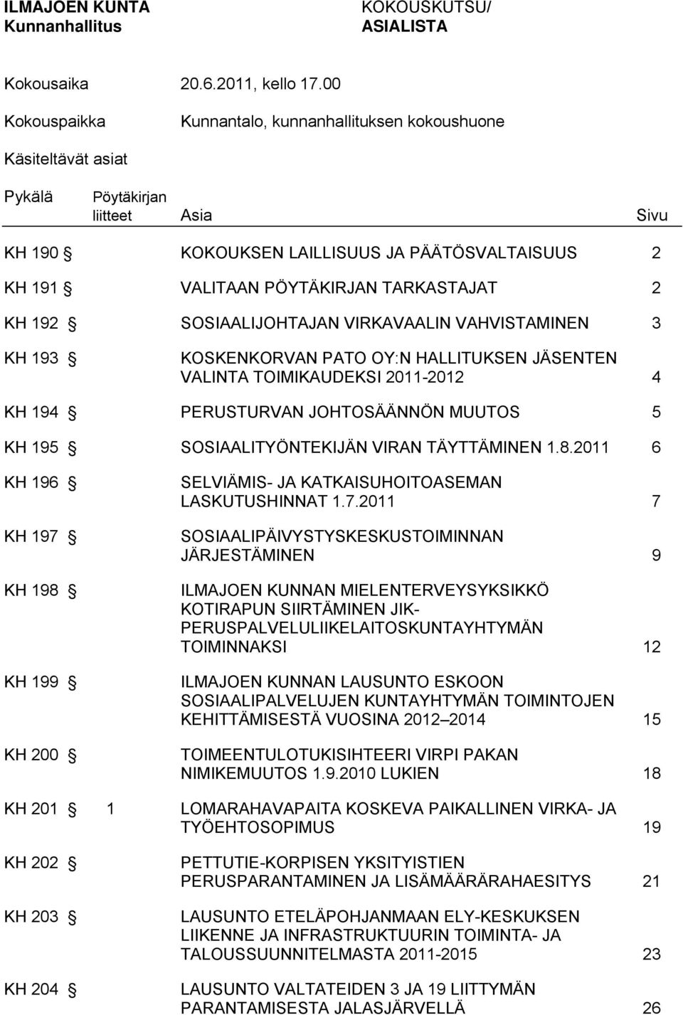 TARKASTAJAT 2 KH 192 SOSIAALIJOHTAJAN VIRKAVAALIN VAHVISTAMINEN 3 KH 193 KOSKENKORVAN PATO OY:N HALLITUKSEN JÄSENTEN VALINTA TOIMIKAUDEKSI 2011-2012 4 KH 194 PERUSTURVAN JOHTOSÄÄNNÖN MUUTOS 5 KH 195