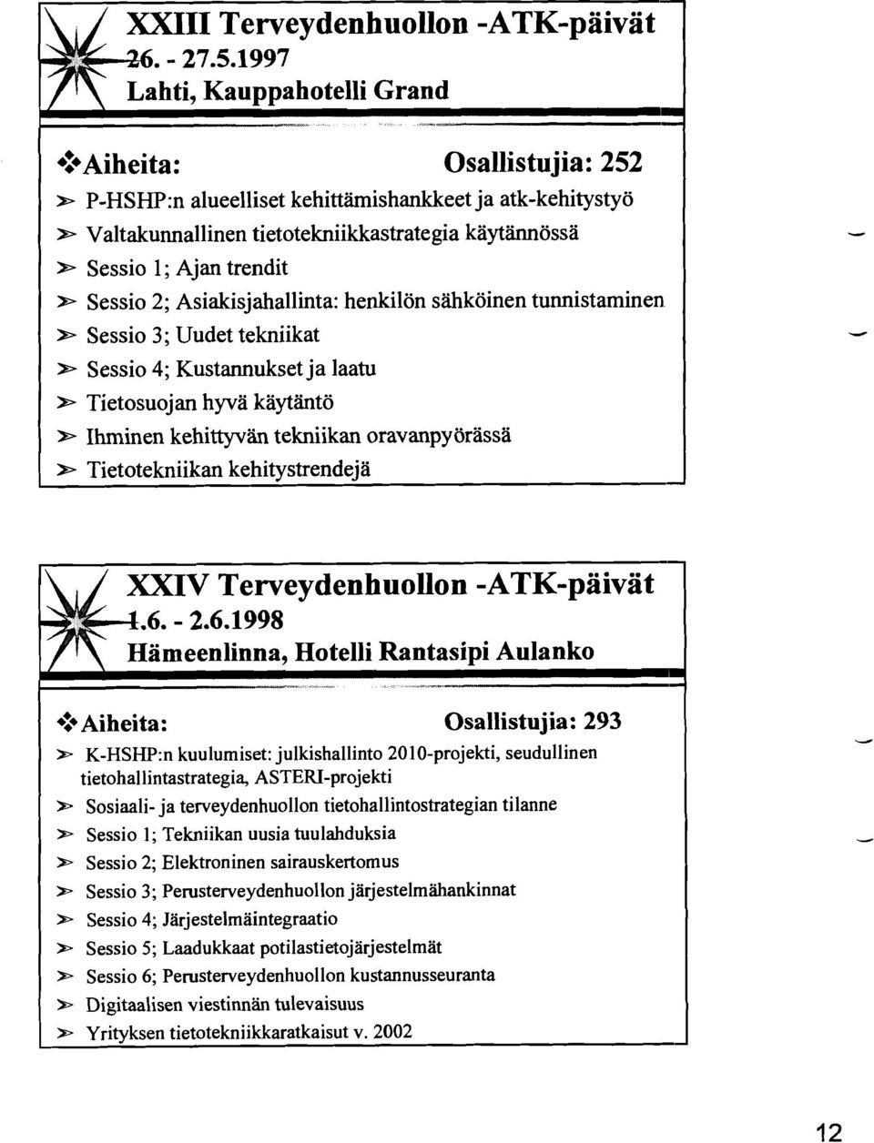 * Sessio 3; Uudet tekniikat * Sessio 4; Kustannukset ja laatu ( * Tietosuojan hyvä käytäntö 1 * Ihminen kehittyvän tekniikan oravanpyörässä * Tietotekniikan kehitystrendejä - Osallistujia: 293 *