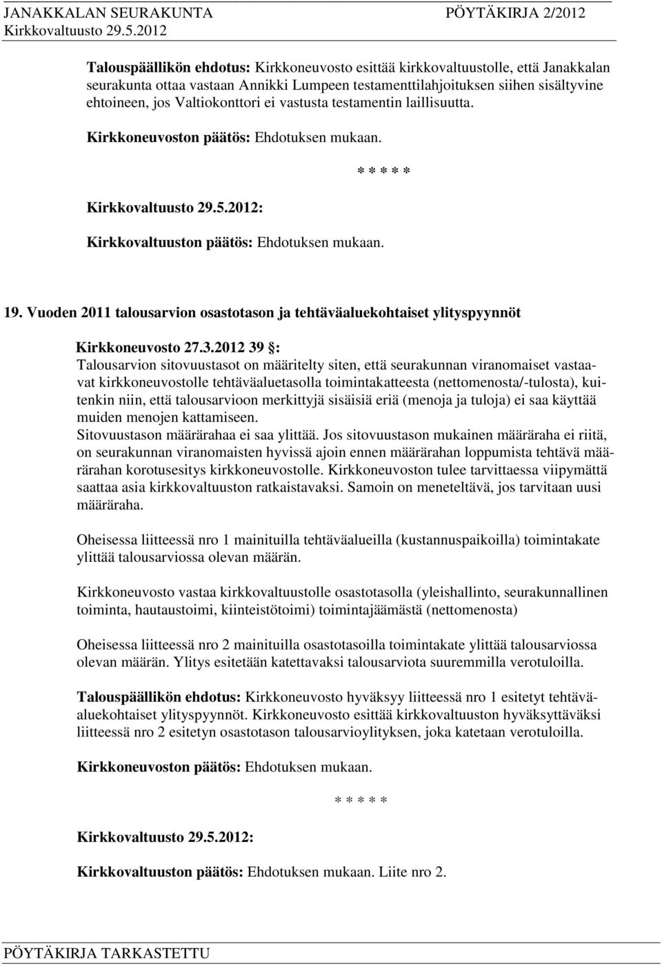 2012 39 : Talousarvion sitovuustasot on määritelty siten, että seurakunnan viranomaiset vastaavat kirkkoneuvostolle tehtäväaluetasolla toimintakatteesta (nettomenosta/-tulosta), kuitenkin niin, että