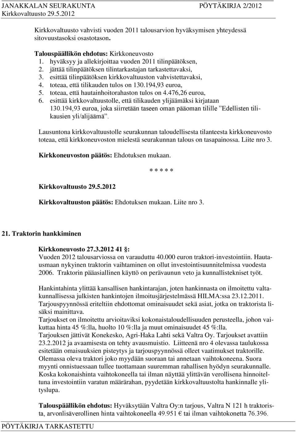 toteaa, että tilikauden tulos on 130.194,93 euroa, 5. toteaa, että hautainhoitorahaston tulos on 4.476,26 euroa, 6. esittää kirkkovaltuustolle, että tilikauden ylijäämäksi kirjataan 130.