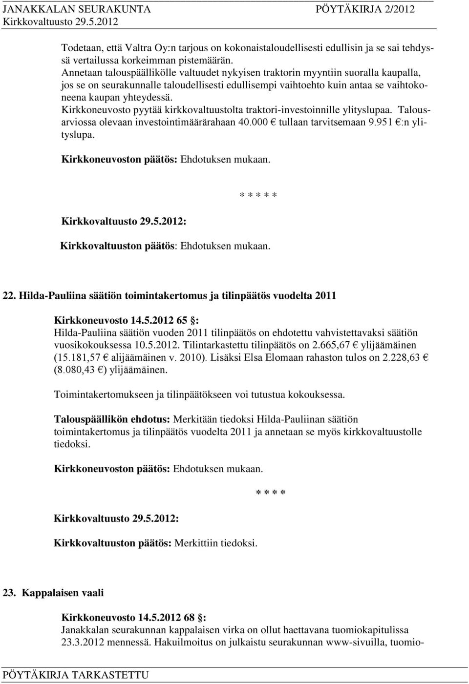 Kirkkoneuvosto pyytää kirkkovaltuustolta traktori-investoinnille ylityslupaa. Talousarviossa olevaan investointimäärärahaan 40.000 tullaan tarvitsemaan 9.951 :n ylityslupa.