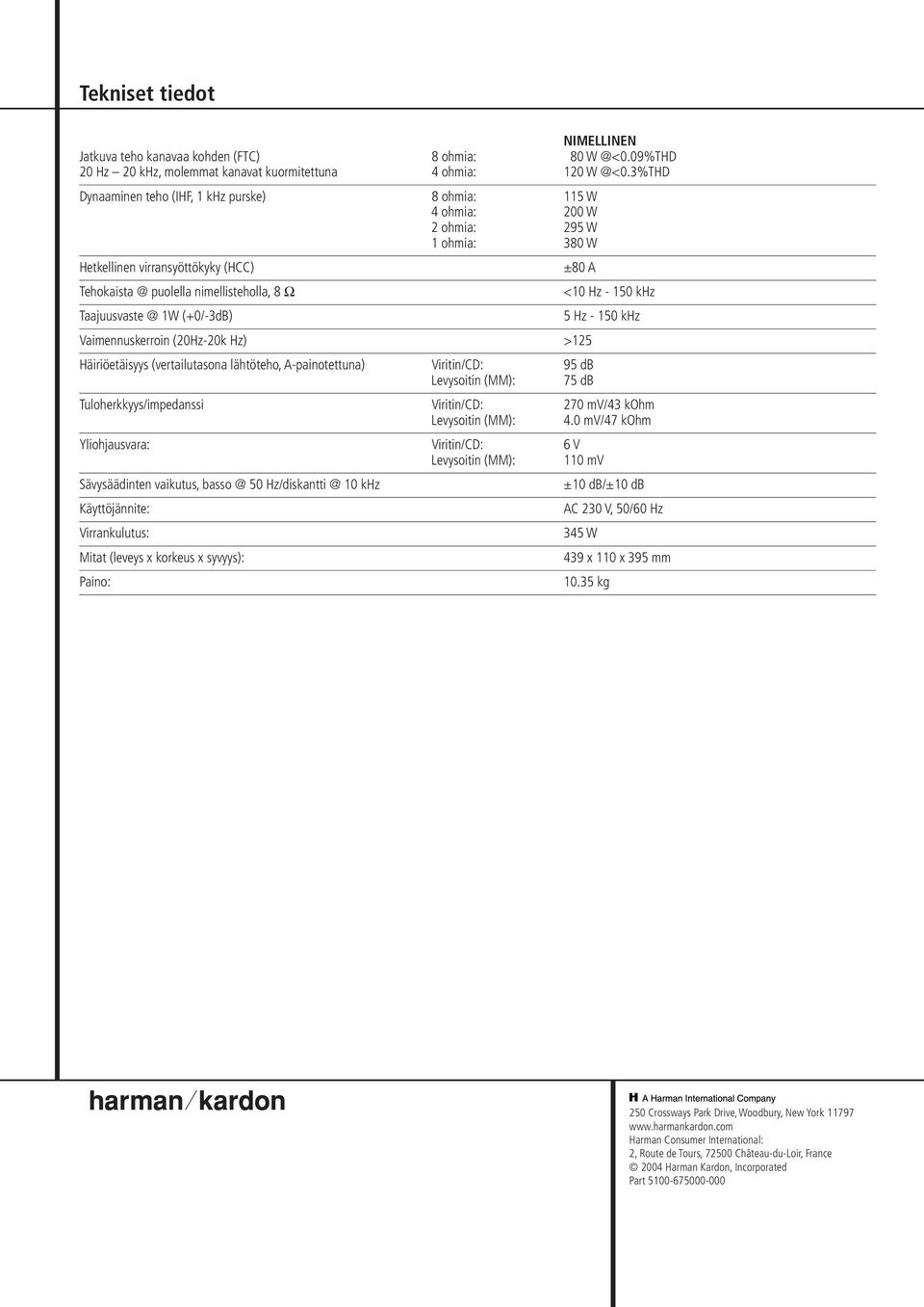 (+0/-3dB) ±80 A <10 Hz - 150 khz 5 Hz - 150 khz Vaimennuskerroin (20Hz-20k Hz) >125 Häiriöetäisyys (vertailutasona lähtöteho, A-painotettuna) Viritin/CD: 95 db Levysoitin (MM): 75 db