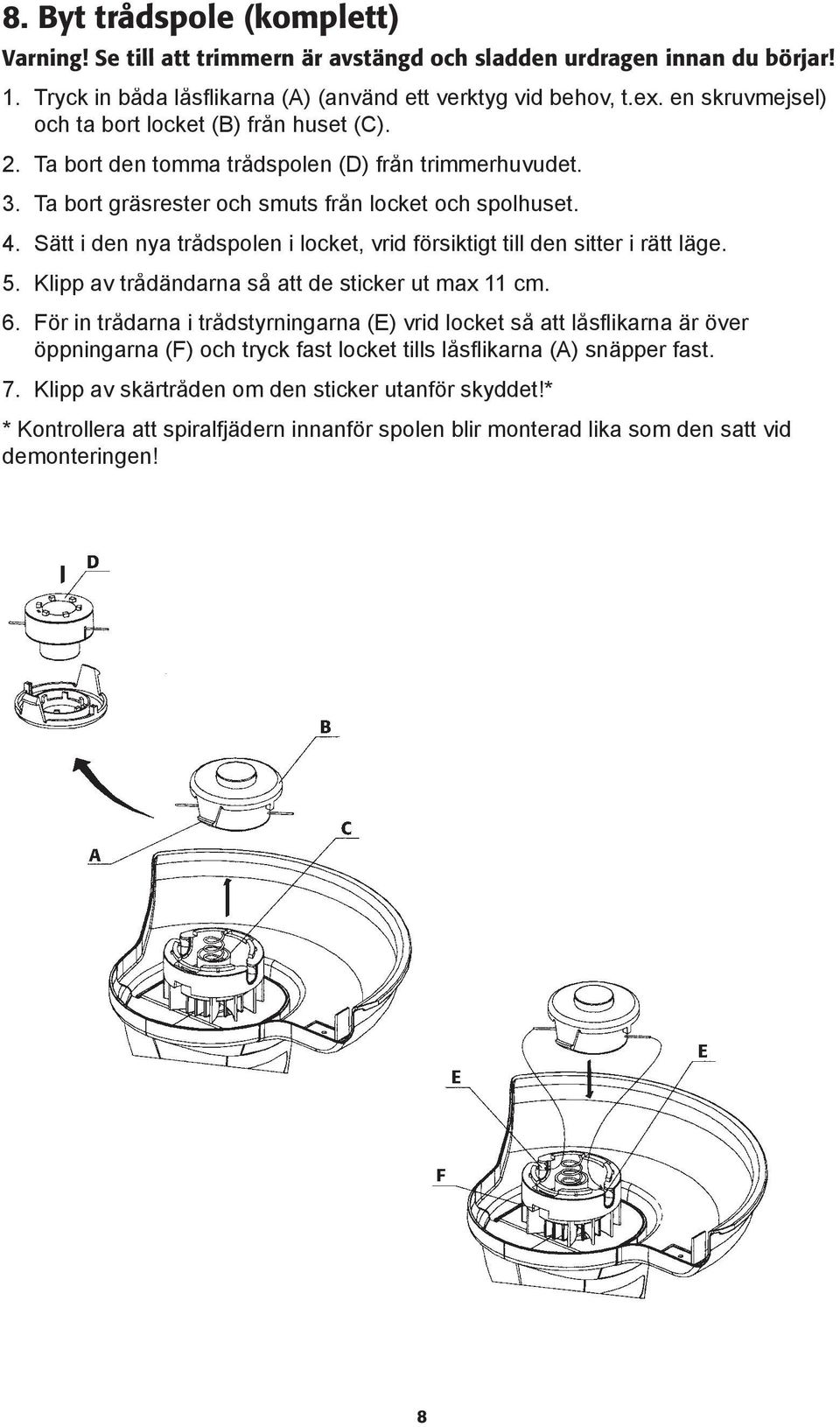 Sätt i den nya trådspolen i locket, vrid försiktigt till den sitter i rätt läge. 5. Klipp av trådändarna så att de sticker ut max 11 cm. 6.