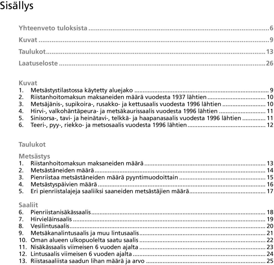 Sinisorsa-, tavi- ja heinätavi-, telkkä- ja haapanasaalis vuodesta 1996 lähtien... 11 6. Teeri-, pyy-, riekko- ja metsosaalis vuodesta 1996 lähtien... 12 Taulukot Metsästys 1.