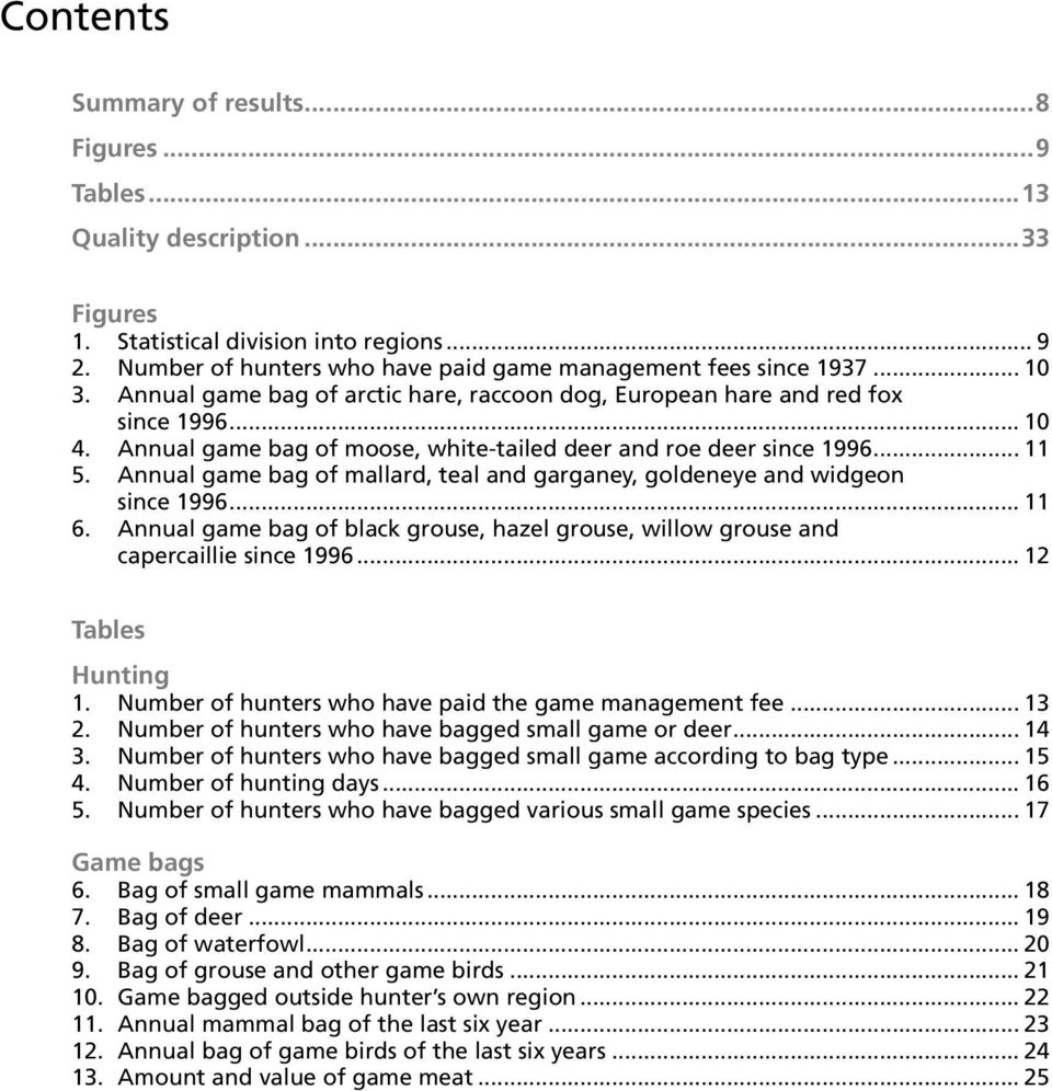 Annual game bag of mallard, teal and garganey, goldeneye and widgeon since 1996... 11 6. Annual game bag of black grouse, hazel grouse, willow grouse and capercaillie since 1996... 12 Tables Hunting 1.