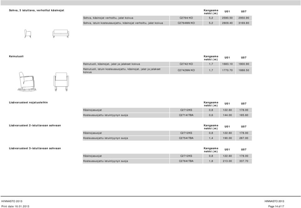 50 Lisävarusteet nojatuoleihin Käsinojasuojat C2712KS 0,8 122.60 178.00 Kosteussuojattu istuintyynyn suoja C2714ITBA 144.00 185.60 Lisävarusteet 2-istuttavaan sohvaan Käsinojasuojat C2712KS 0,8 122.