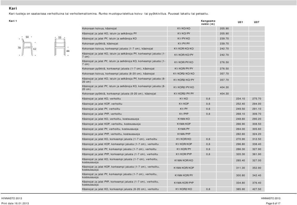 70 Kokonaan koivua, korkeampi jalusta (1-7 cm), käsinojat K1/KOR/KO/KO 242.70 Käsinojat ja jalat KO, istuin ja selkänoja PY, korkeampi jalusta (1-7 cm) K1/KOR/KO/PY 242.
