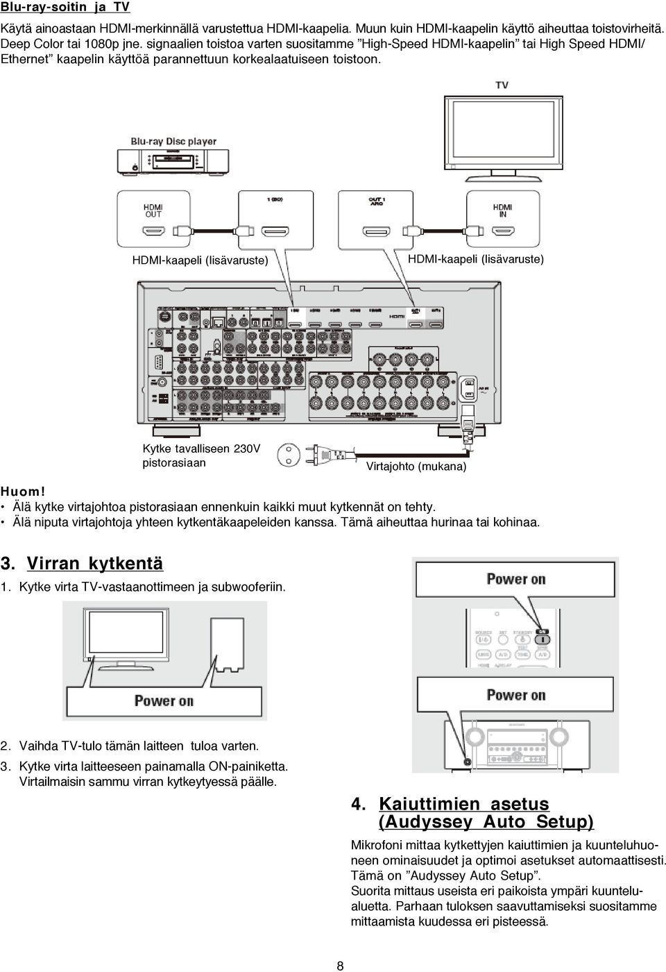 HDMI-kaapeli (lisävaruste) HDMI-kaapeli (lisävaruste) Kytke tavalliseen 230V pistorasiaan Virtajohto (mukana) Älä kytke virtajohtoa pistorasiaan ennenkuin kaikki muut kytkennät on tehty.