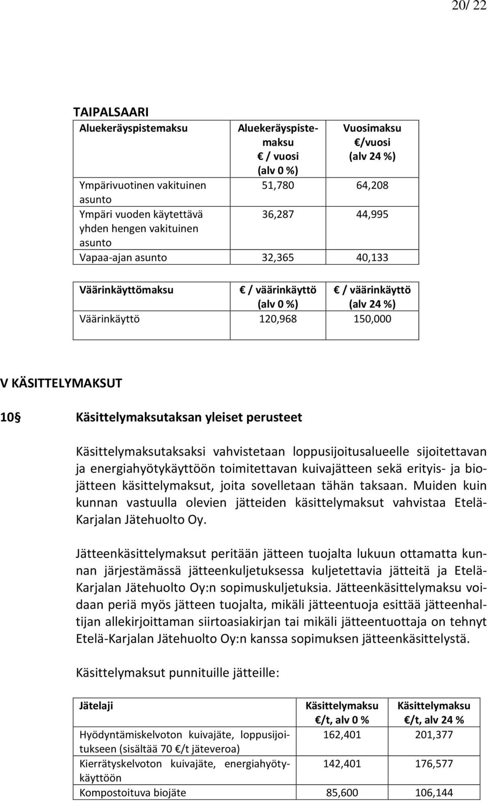 loppusijoitusalueelle sijoitettavan ja energiahyötykäyttöön toimitettavan kuivajätteen sekä erityis- ja biojätteen käsittelymaksut, joita sovelletaan tähän taksaan.