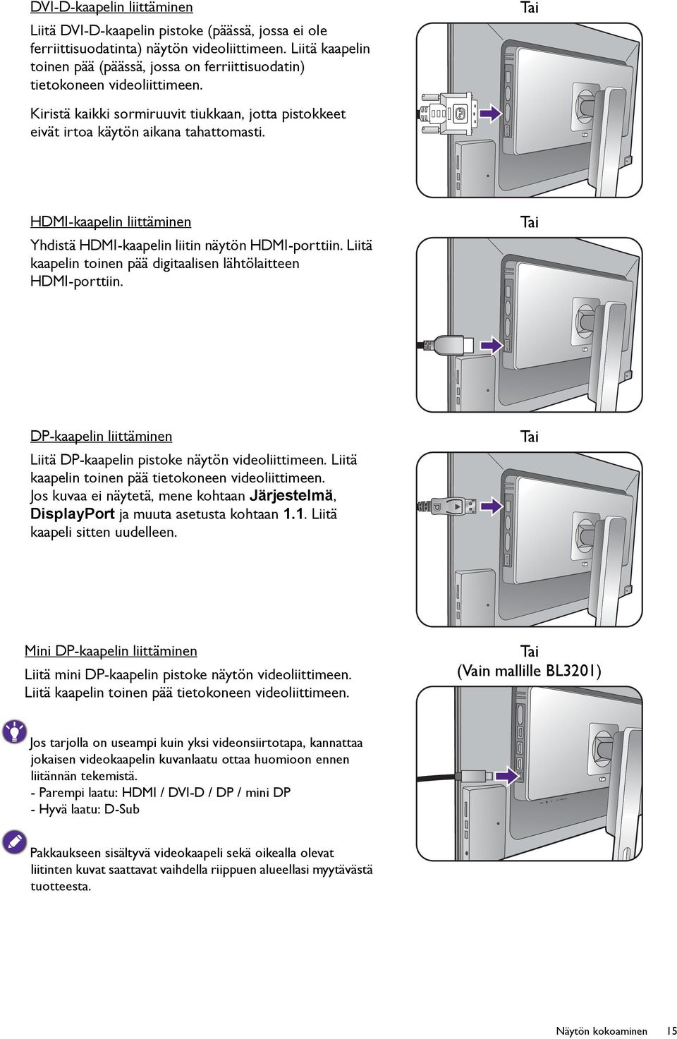 HDMI-kaapelin liittäminen Yhdistä HDMI-kaapelin liitin näytön HDMI-porttiin. Liitä kaapelin toinen pää digitaalisen lähtölaitteen HDMI-porttiin.