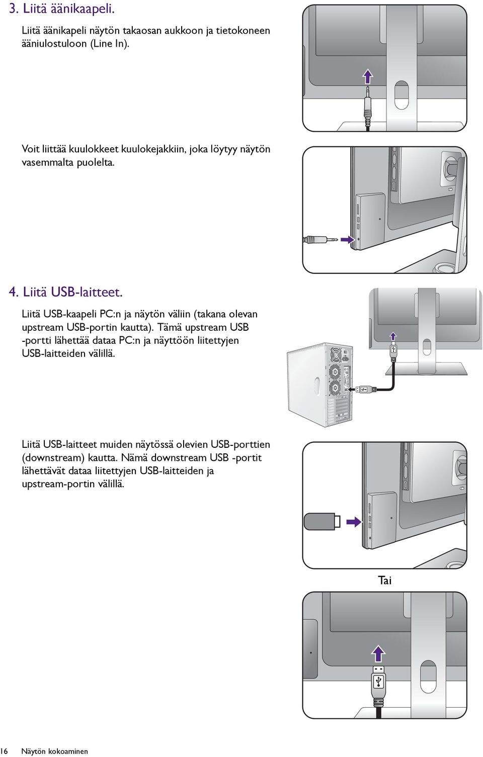 Liitä USB-kaapeli PC:n ja näytön väliin (takana olevan upstream USB-portin kautta).