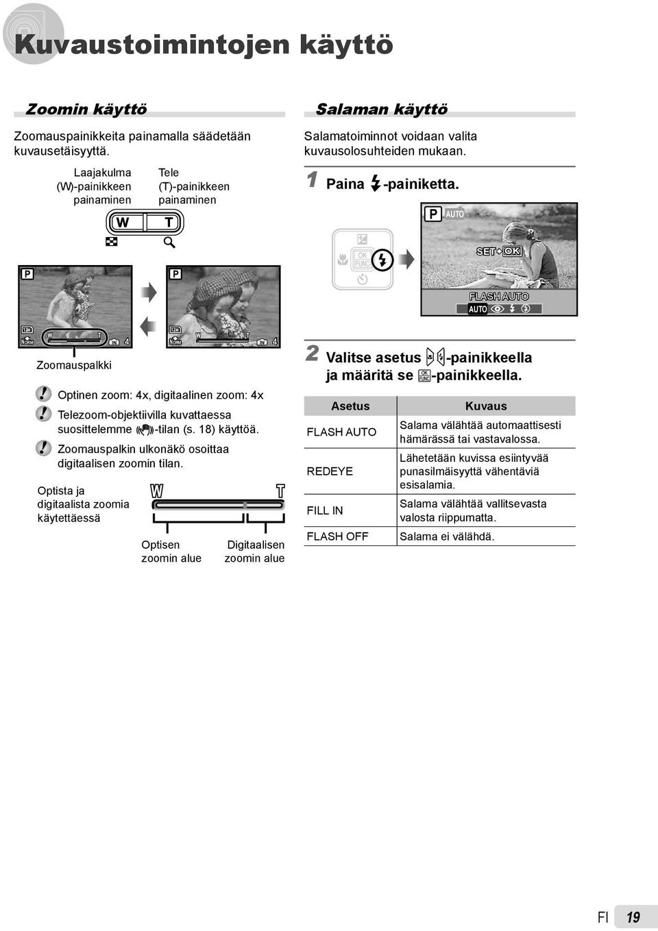 # $ 12M NORM Zoomauspalkki IN 4 12M NORM Optinen zoom: 4x, digitaalinen zoom: 4x Telezoom-objektiivilla kuvattaessa suosittelemme h-tilan (s. 18) käyttöä.