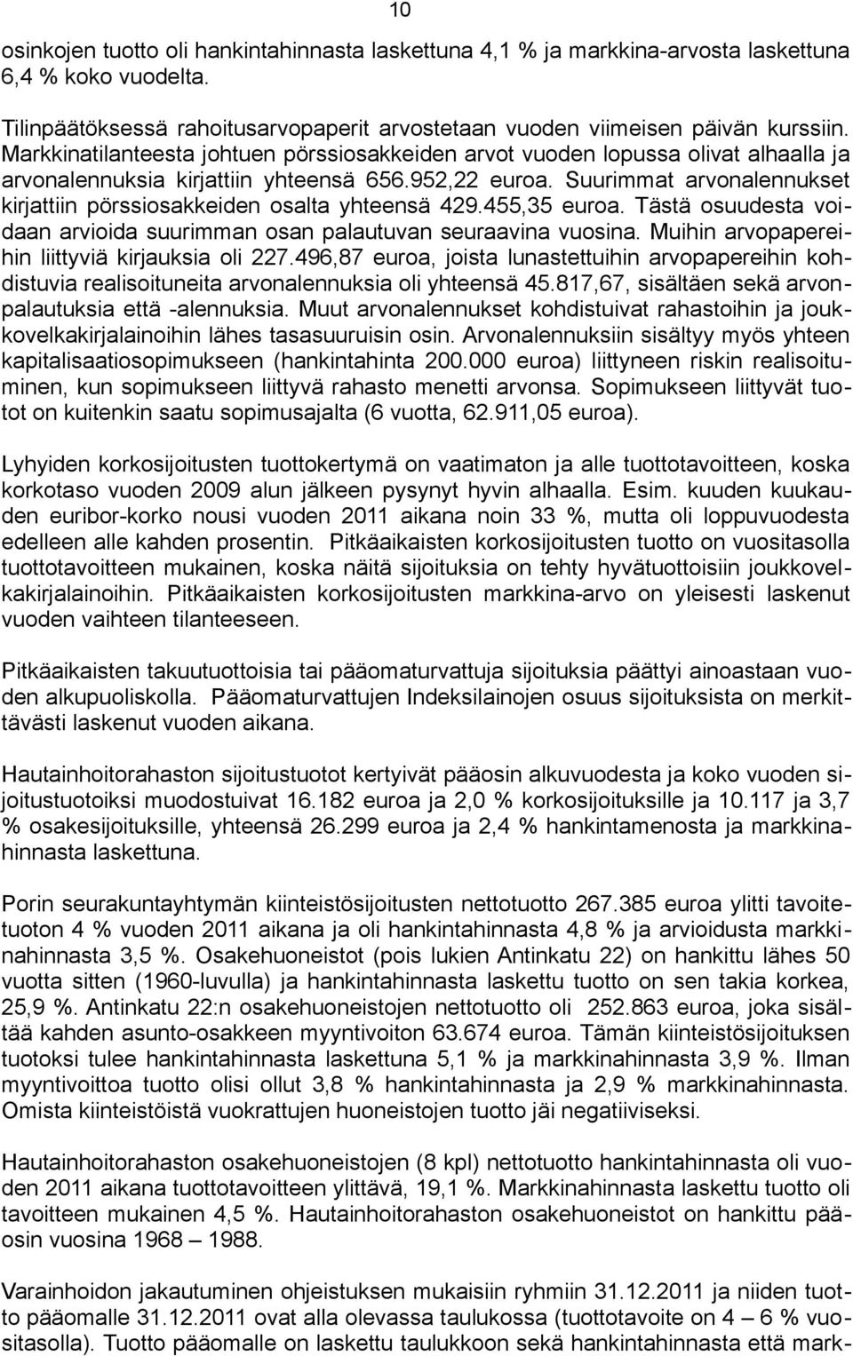 Suurimmat arvonalennukset kirjattiin pörssiosakkeiden osalta yhteensä 429.455,35 euroa. Tästä osuudesta voidaan arvioida suurimman osan palautuvan seuraavina vuosina.