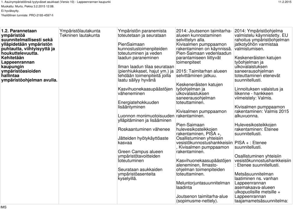 Kehitetään Lappeenrannan kaupungin ympäristöasioiden hallintaa ympäristöohjelman avulla.