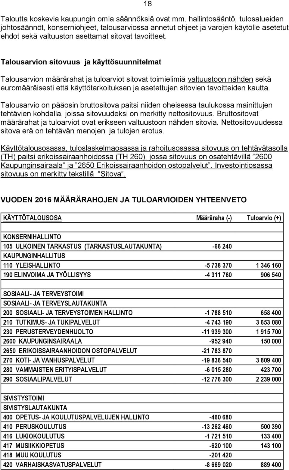 Talousarvion sitovuus ja käyttösuunnitelmat Talousarvion määrärahat ja tuloarviot sitovat toimielimiä valtuustoon nähden sekä euromääräisesti että käyttötarkoituksen ja asetettujen sitovien