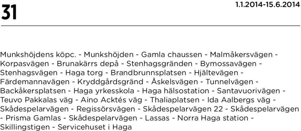 Brandbrunnsplatsen - Hjältevägen - Färdemannavägen - Kryddgårdsgränd - Åskelsvägen - Tunnelvägen - Backåkersplatsen - Haga yrkesskola - Haga