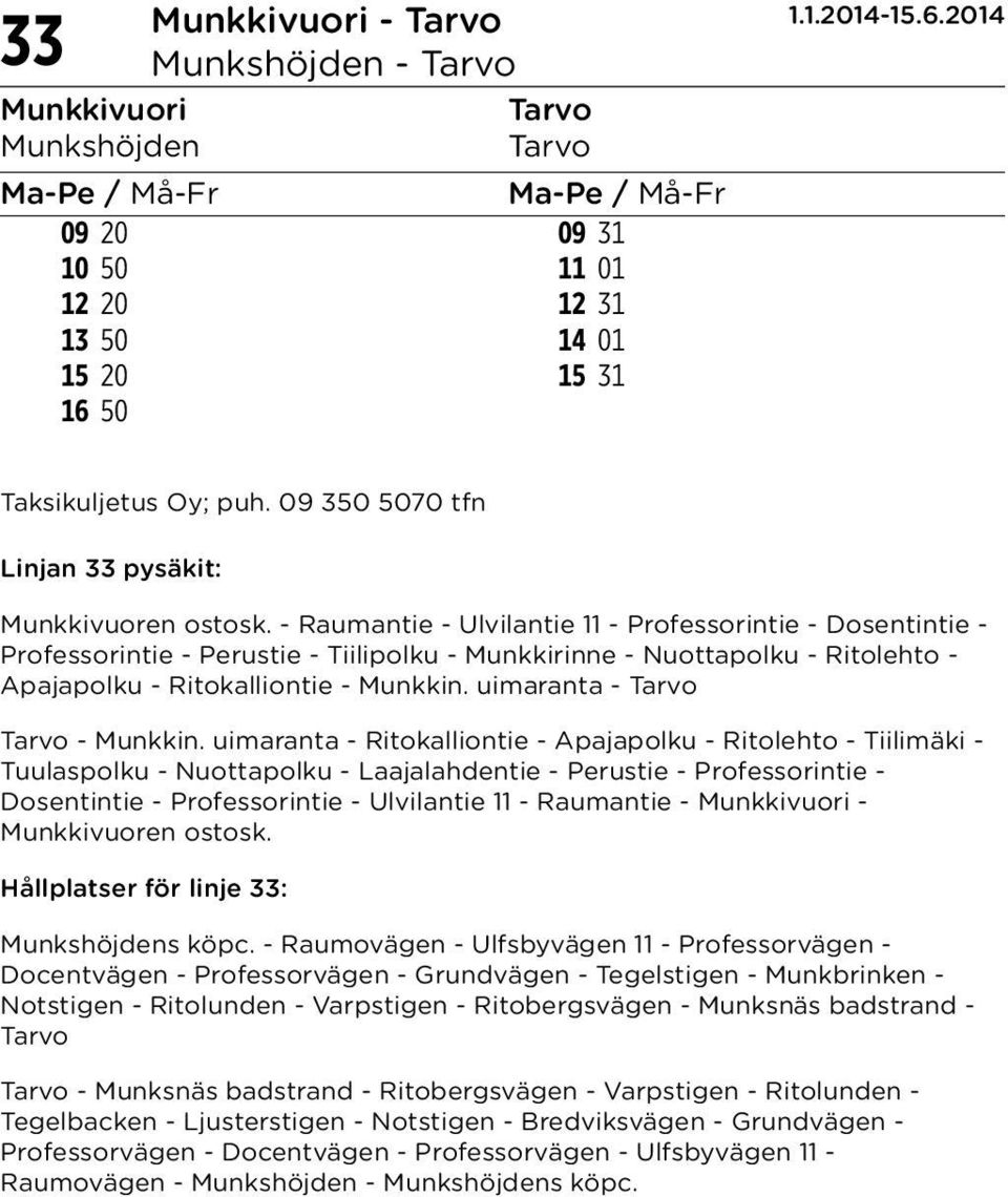 uimaranta - Ritokalliontie - Apajapolku - Ritolehto - Tiilimäki - Tuulaspolku - Nuottapolku - Laajalahdentie - Perustie - Professorintie - Dosentintie - Professorintie - Ulvilantie 11 - Raumantie - -