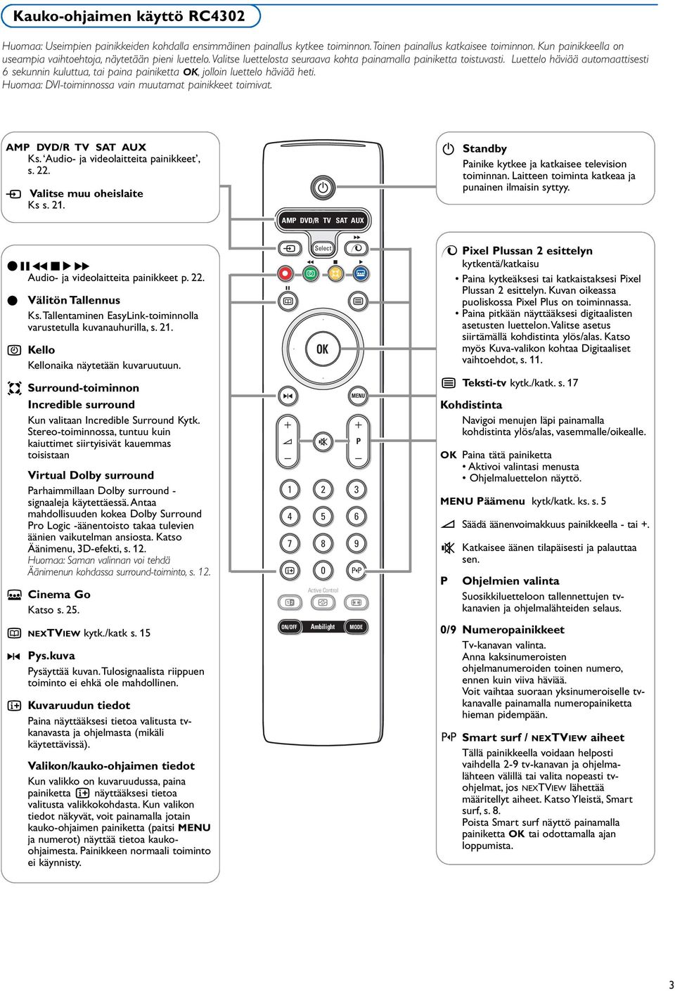 Luettelo häviää automaattisesti 6 sekunnin kuluttua, tai paina painiketta OK, jolloin luettelo häviää heti. Huomaa: DVI-toiminnossa vain muutamat painikkeet toimivat. AMP DVD/R TV SAT AUX Ks.