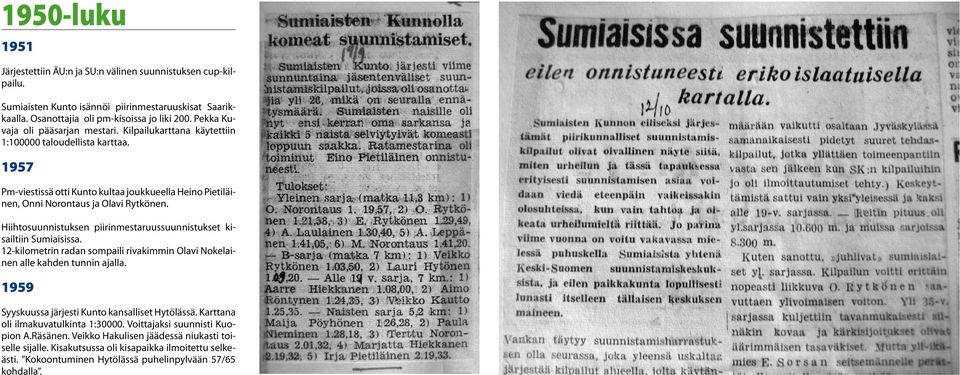 Hiihtosuunnistuksen piirinmestaruussuunnistukset kisailtiin Sumiaisissa. 12-kilometrin radan sompaili rivakimmin Olavi Nokelainen alle kahden tunnin ajalla.