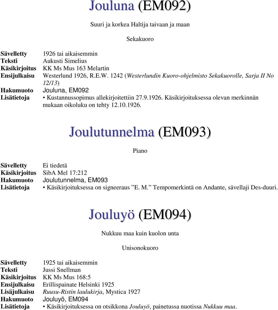 10.1926. Joulutunnelma (EM093) Käsikirjoitus SibA Mel 17:212 Hakumuoto Joulutunnelma, EM093 Lisätietoja Käsikirjoituksessa on signeeraus E. M. Tempomerkintä on Andante, sävellaji Des-duuri.