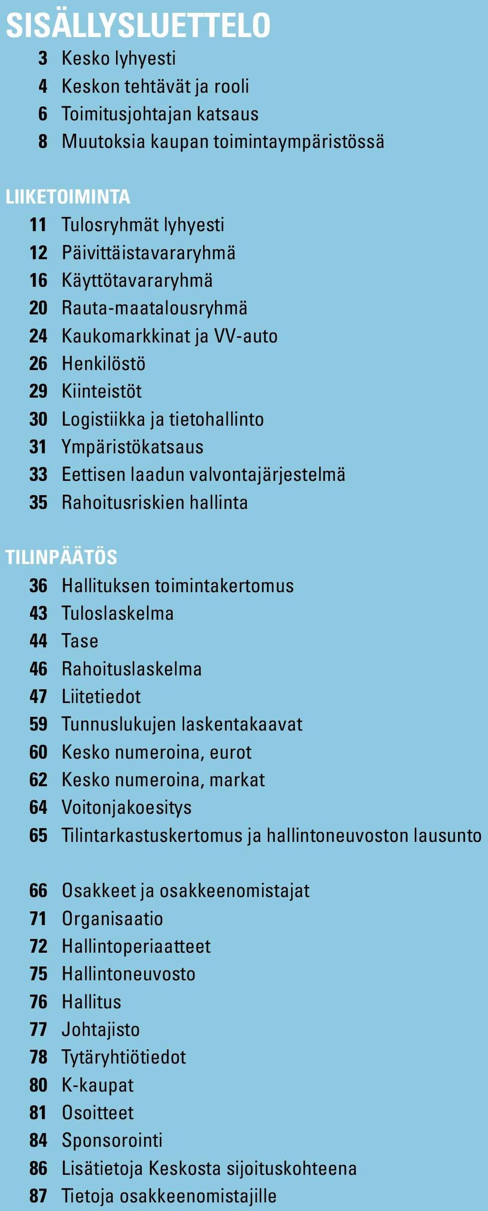 Rahoitusriskien hallinta TILINPÄÄTÖS 36 Hallituksen toimintakertomus 43 Tuloslaskelma 44 Tase 46 Rahoituslaskelma 47 Liitetiedot 59 Tunnuslukujen laskentakaavat 60 Kesko numeroina, eurot 62 Kesko