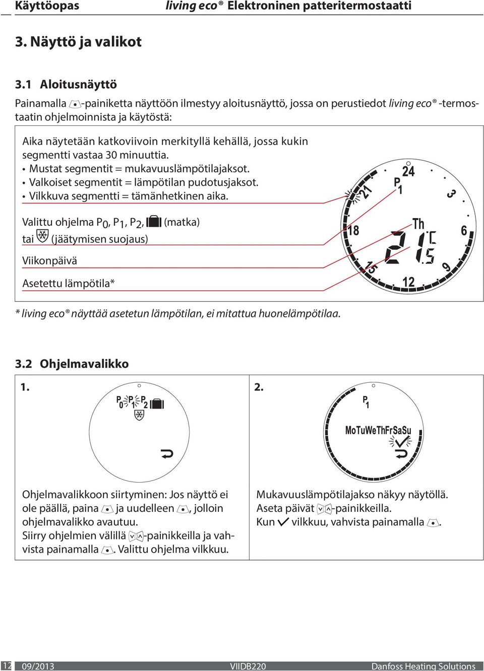 ohjelma P0, P1, P2, tai (jäätymisen suojaus) Viikonpäivä (matka) Asetettu lämpötila* * living eco näyttää asetetun lämpötilan, ei mitattua huonelämpötilaa 32 Ohjelmavalikko Ohjelmavalikkoon