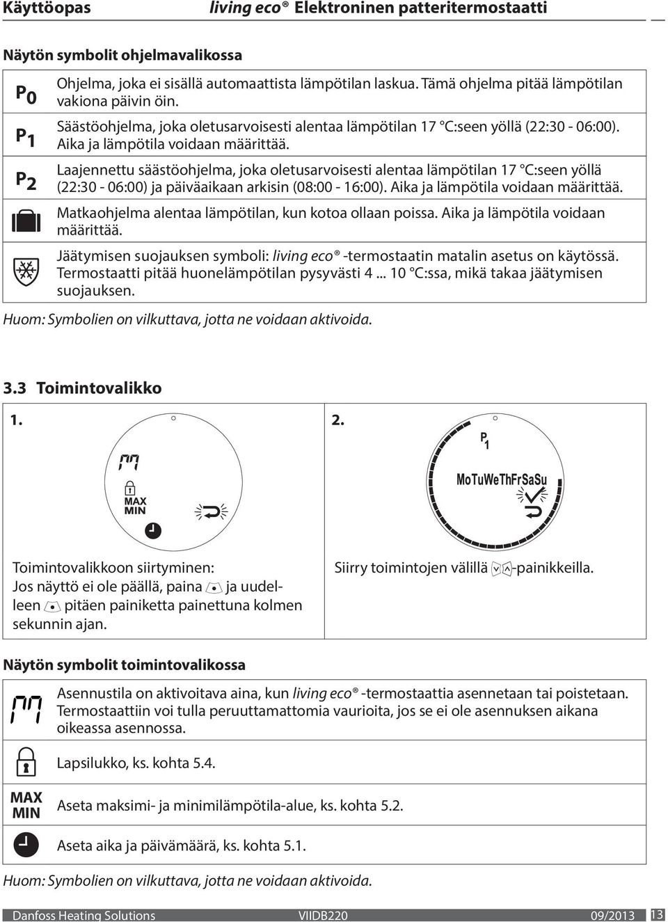 arkisin (08:00-16:00) Aika ja lämpötila voidaan määrittää Matkaohjelma alentaa lämpötilan, kun kotoa ollaan poissa Aika ja lämpötila voidaan määrittää Jäätymisen suojauksen symboli: living eco