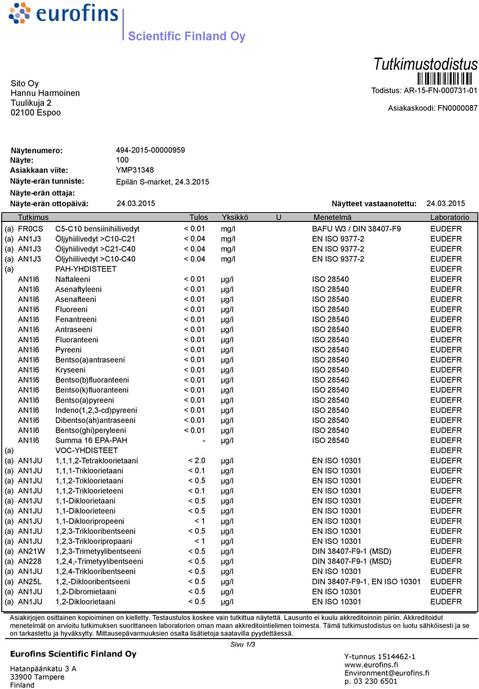 2015 Näytteet vastaanotettu: 24.03.2015 Tutkimus Tulos Yksikkö U Menetelmä Laboratorio (a) FR0CS C5-C10 bensiinihiilivedyt < 0.