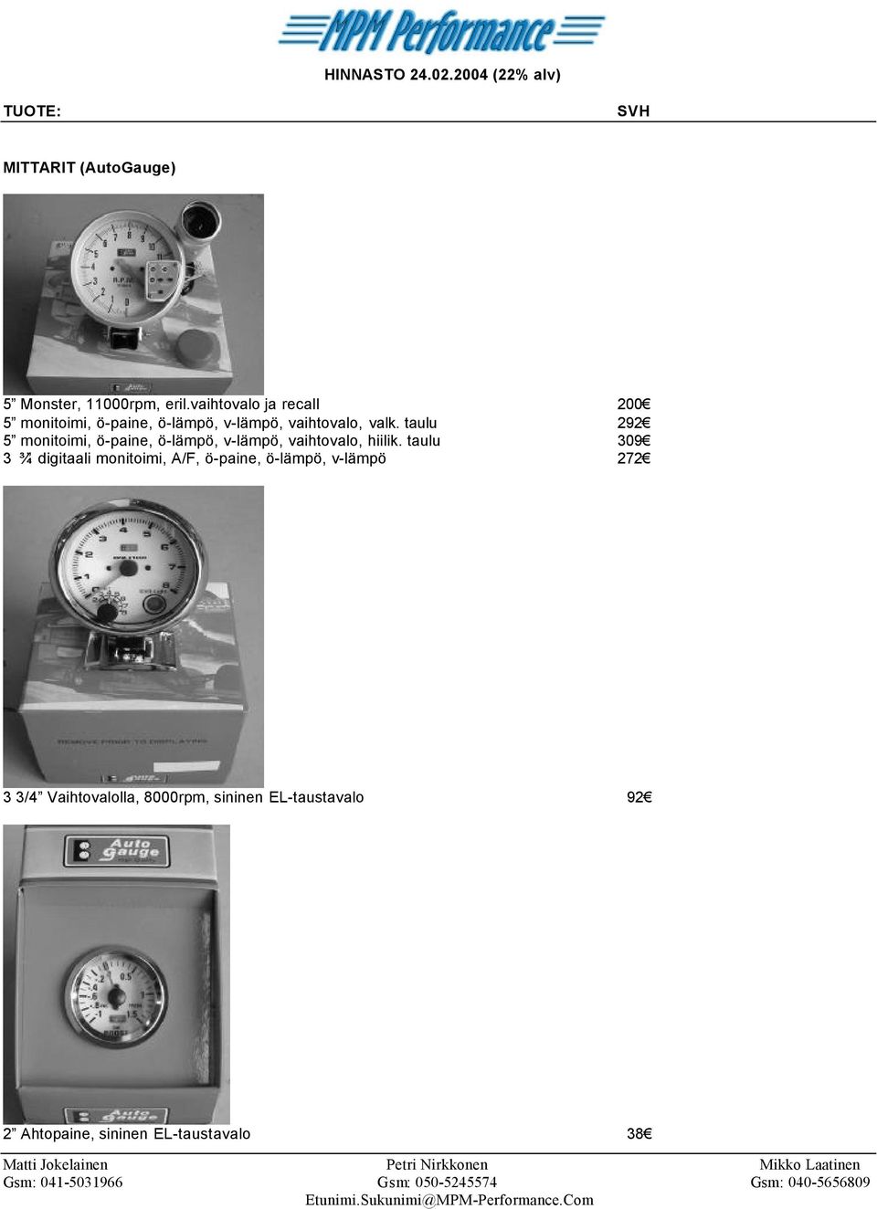 taulu 292 5 monitoimi, ö-paine, ö-lämpö, v-lämpö, vaihtovalo, hiilik.