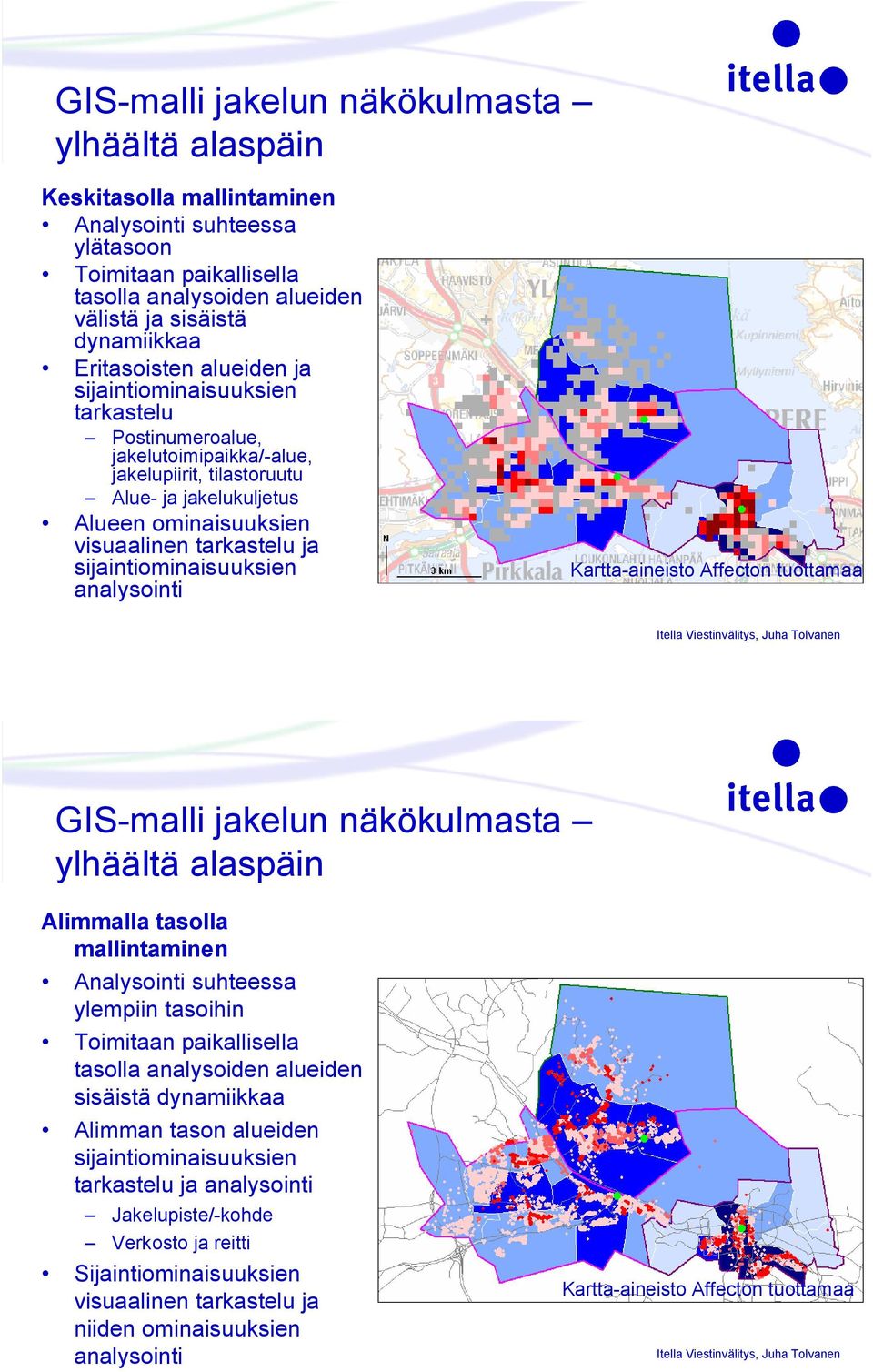 sijaintiominaisuuksien analysointi GIS malli jakelun näkökulmasta Alimmalla tasolla mallintaminen Analysointi suhteessa ylempiin tasoihin Toimitaan paikallisella tasolla analysoiden