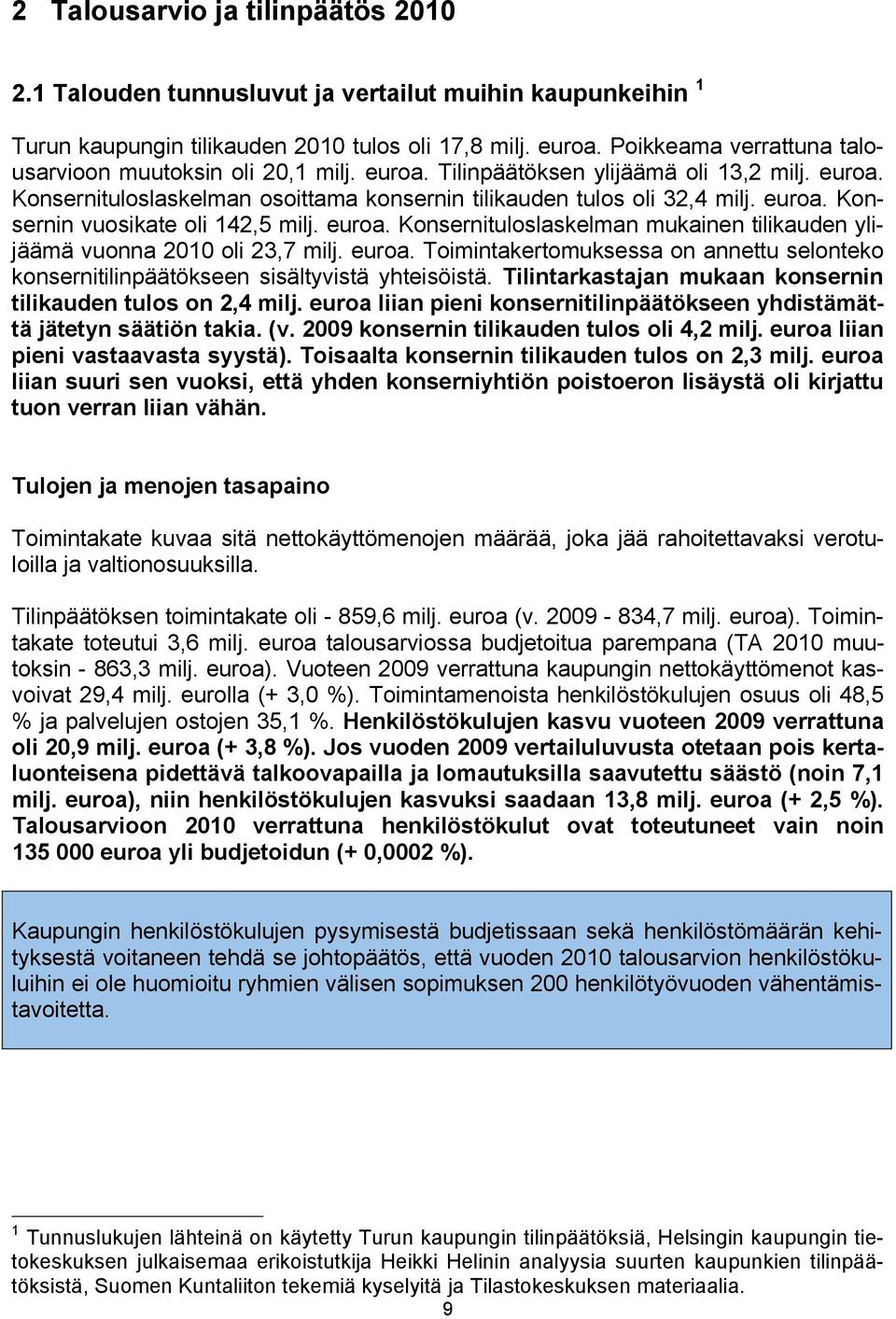 euroa. Konsernituloslaskelman mukainen tilikauden ylijäämä vuonna 2010 oli 23,7 milj. euroa. Toimintakertomuksessa on annettu selonteko konsernitilinpäätökseen sisältyvistä yhteisöistä.