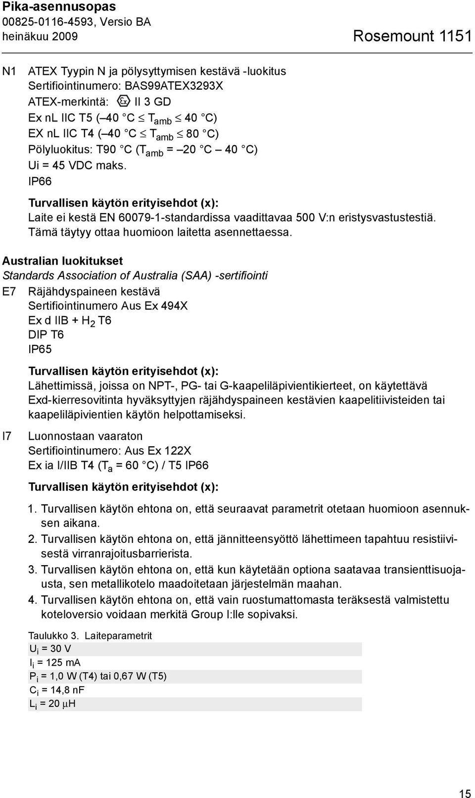 IP66 Turvallisen käytön erityisehdot (x): Laite ei kestä EN 60079-1-standardissa vaadittavaa 500 V:n eristysvastustestiä. Tämä täytyy ottaa huomioon laitetta asennettaessa.