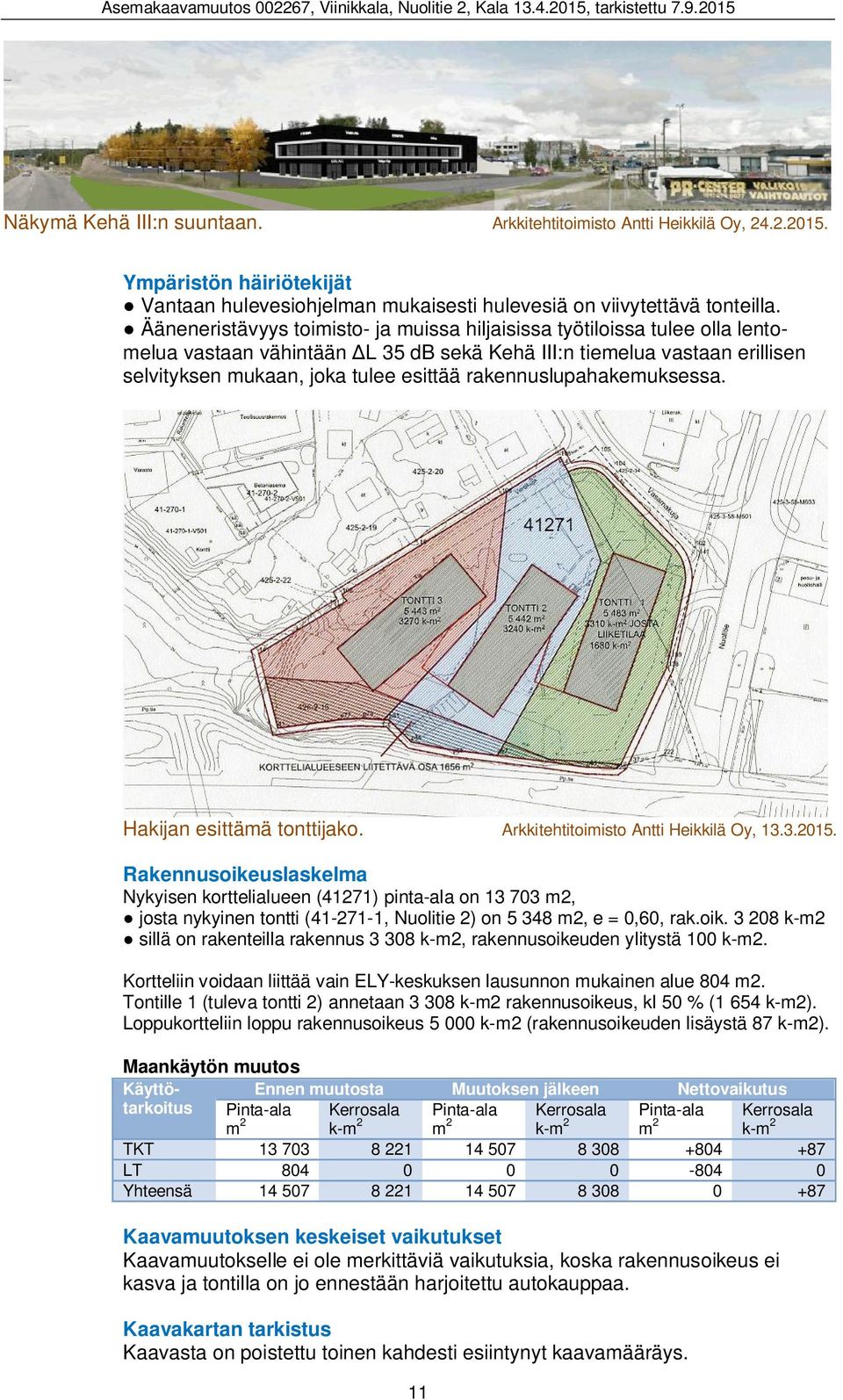 rakennuslupahakemuksessa. Hakijan esittämä tonttijako. Arkkitehtitoimisto Antti Heikkilä Oy, 13.3.2015.