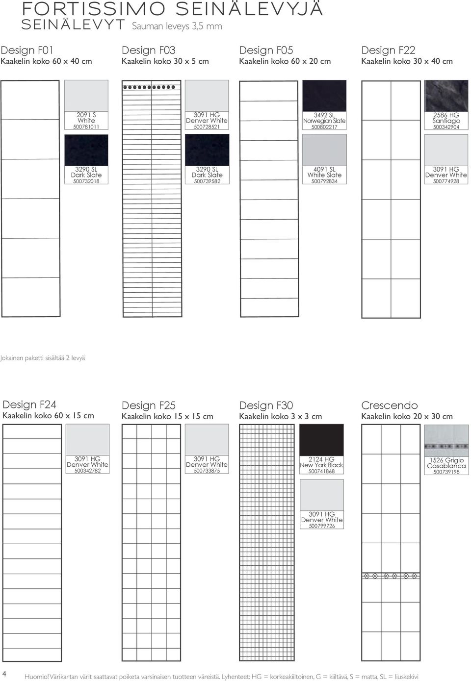 500792834 3091 HG Denver White 500774928 Jokainen paketti sisältää 2 levyä Design F24 Kaakelin koko 60 x 15 cm Design F25 Kaakelin koko 15 x 15 cm Design F30 Kaakelin koko 3 x 3 cm Crescendo Kaakelin