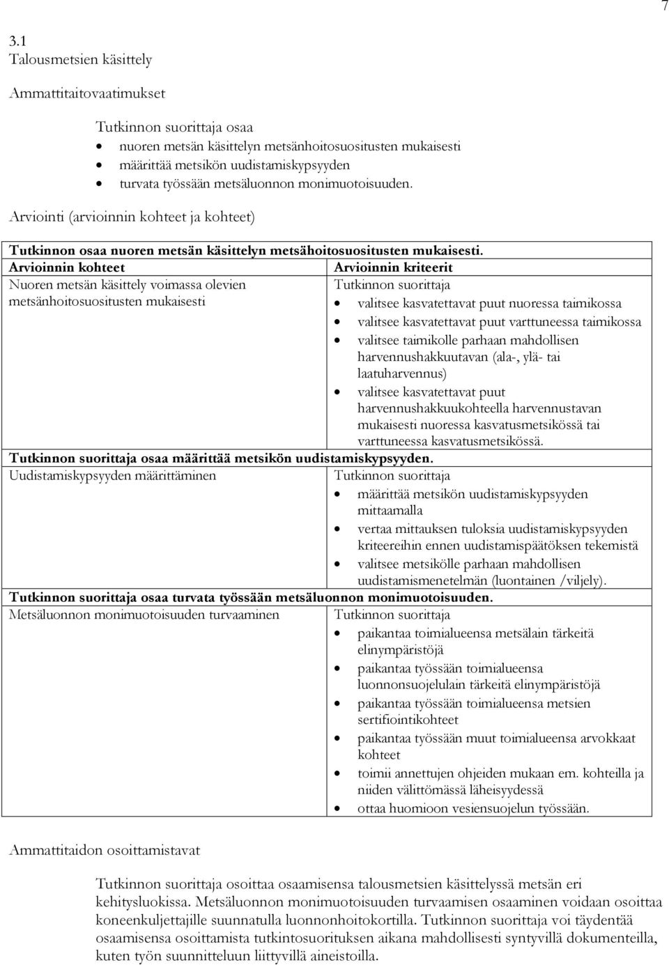 Arvioinnin kohteet Arvioinnin kriteerit Nuoren metsän käsittely voimassa olevien metsänhoitosuositusten mukaisesti valitsee kasvatettavat puut nuoressa taimikossa valitsee kasvatettavat puut