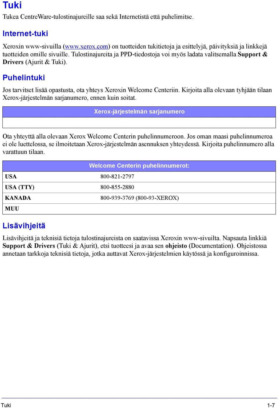 Puhelintuki Jos tarvitset lisää opastusta, ota yhteys Xeroxin Welcome Centeriin. Kirjoita alla olevaan tyhjään tilaan Xerox-järjestelmän sarjanumero, ennen kuin soitat.