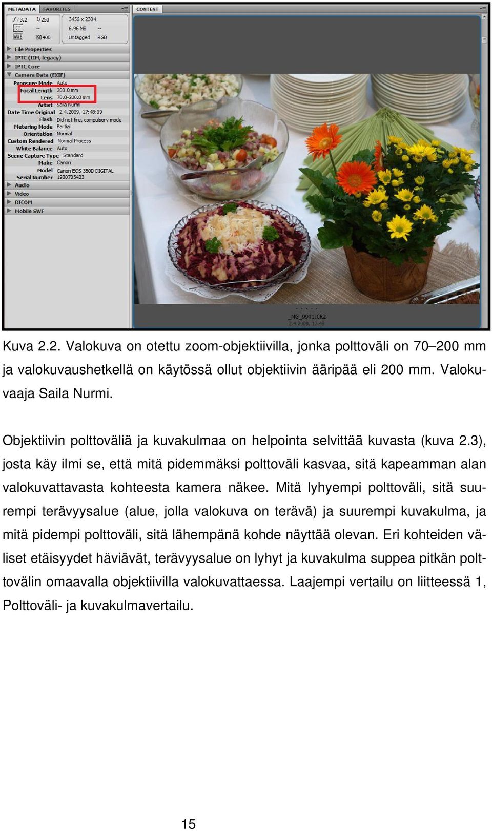 3), josta käy ilmi se, että mitä pidemmäksi polttoväli kasvaa, sitä kapeamman alan valokuvattavasta kohteesta kamera näkee.