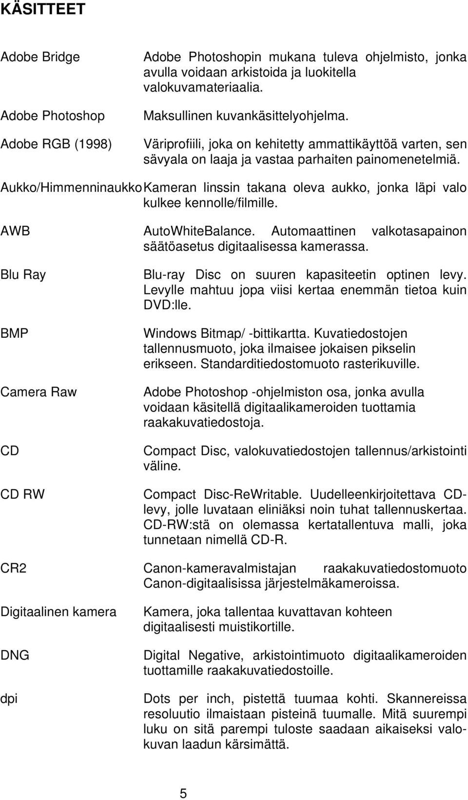 Aukko/Himmenninaukko Kameran linssin takana oleva aukko, jonka läpi valo kulkee kennolle/filmille. AWB AutoWhiteBalance. Automaattinen valkotasapainon säätöasetus digitaalisessa kamerassa.