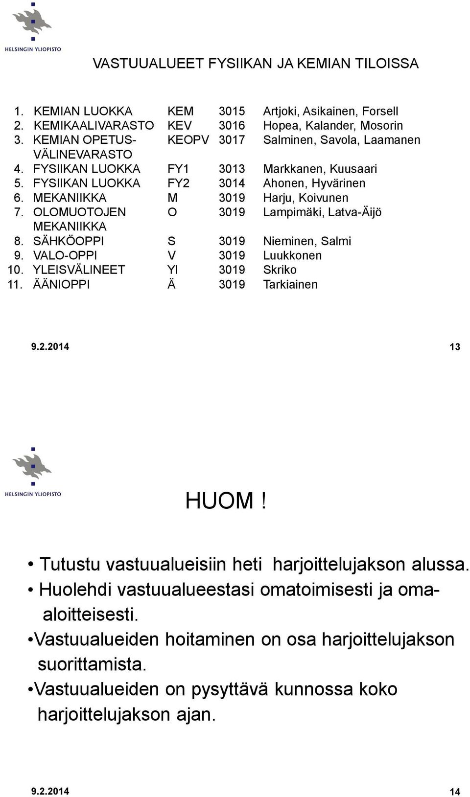 OLOMUOTOJEN O 3019 Lampimäki, Latva-Äijö MEKANIIKKA 8. SÄHKÖOPPI S 3019 Nieminen, Salmi 9. VALO-OPPI V 3019 Luukkonen 10. YLEISVÄLINEET Yl 3019 Skriko 11. ÄÄNIOPPI Ä 3019 Tarkiainen 9.2.2014 13 HUOM!