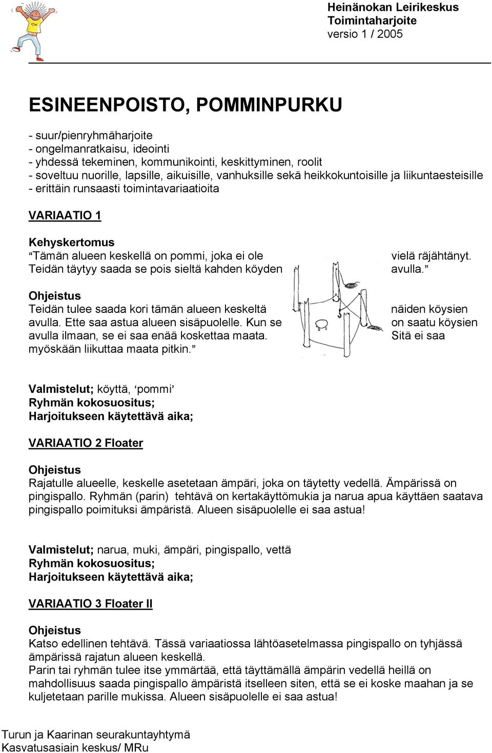 köyden Teidän tulee saada kori tämän alueen keskeltä avulla. Ette saa astua alueen sisäpuolelle. Kun se avulla ilmaan, se ei saa enää koskettaa maata. myöskään liikuttaa maata pitkin.