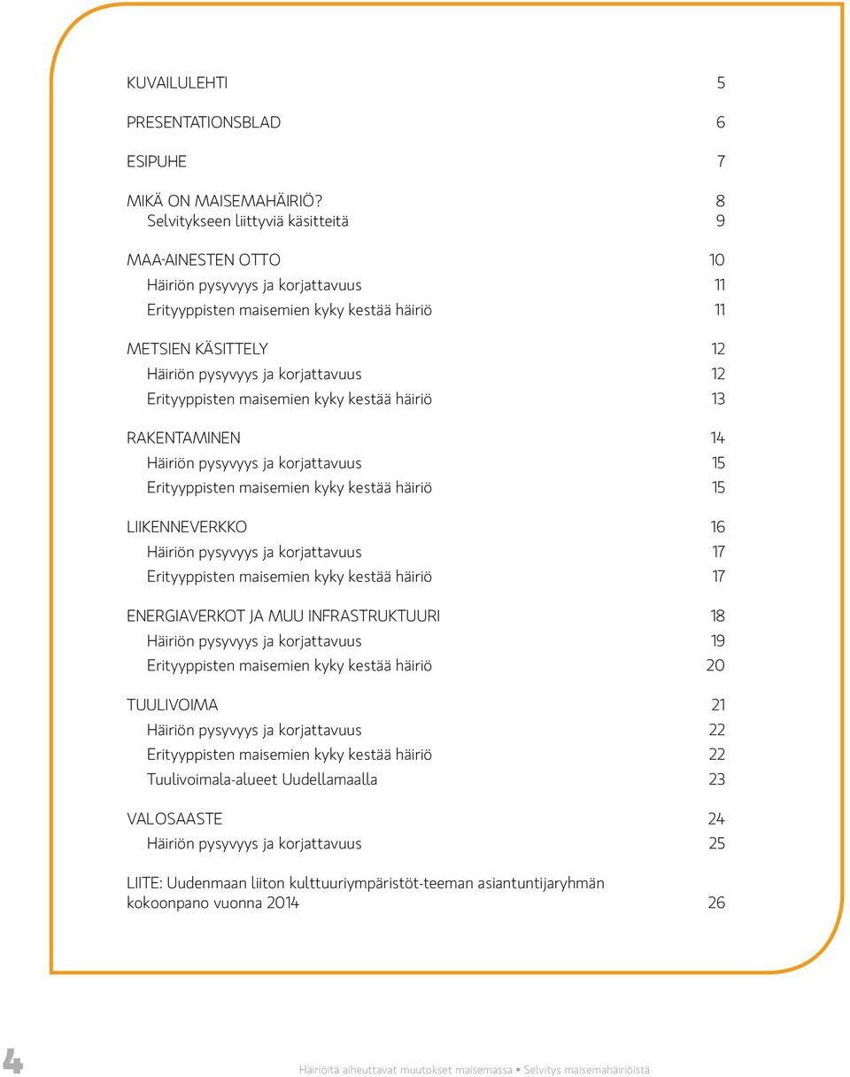 Erityyppisten maisemien kyky kestää häiriö 13 RAKENTAMINEN 14 Häiriön pysyvyys ja korjattavuus 15 Erityyppisten maisemien kyky kestää häiriö 15 LIIKENNEVERKKO 16 Häiriön pysyvyys ja korjattavuus 17