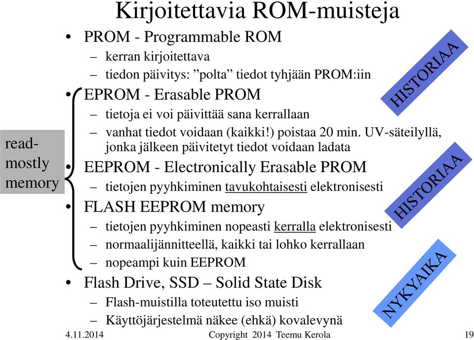 UV-säteilyllä, jonka jälkeen päivitetyt tiedot voidaan ladata EEPROM - Electronically Erasable PROM tietojen pyyhkiminen tavukohtaisesti elektronisesti FLASH EEPROM