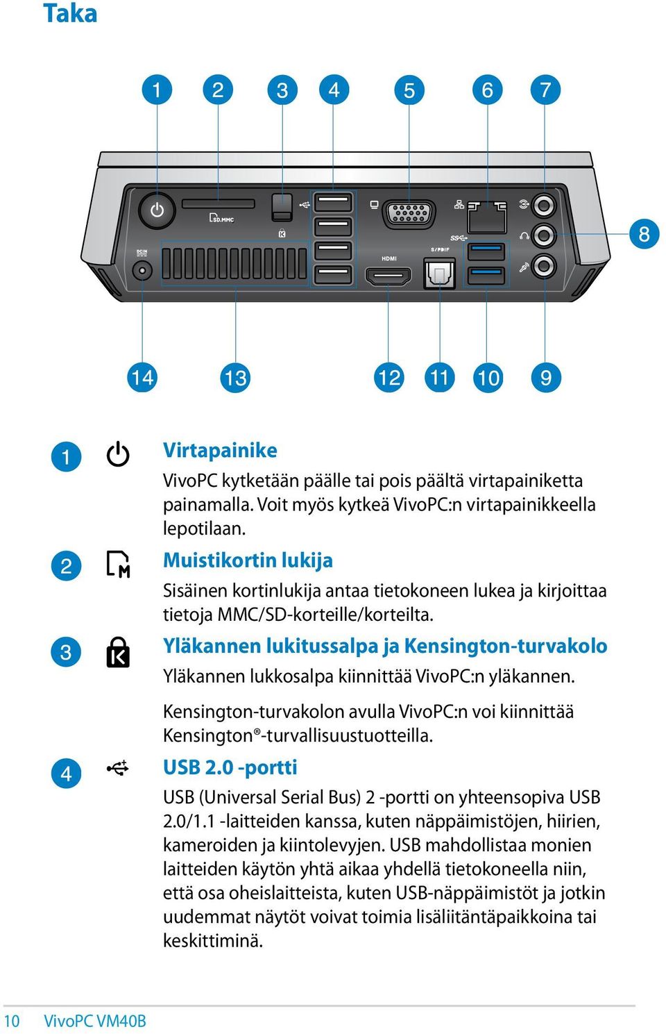 Yläkannen lukitussalpa ja Kensington-turvakolo Yläkannen lukkosalpa kiinnittää VivoPC:n yläkannen. Kensington-turvakolon avulla VivoPC:n voi kiinnittää Kensington -turvallisuustuotteilla. USB 2.