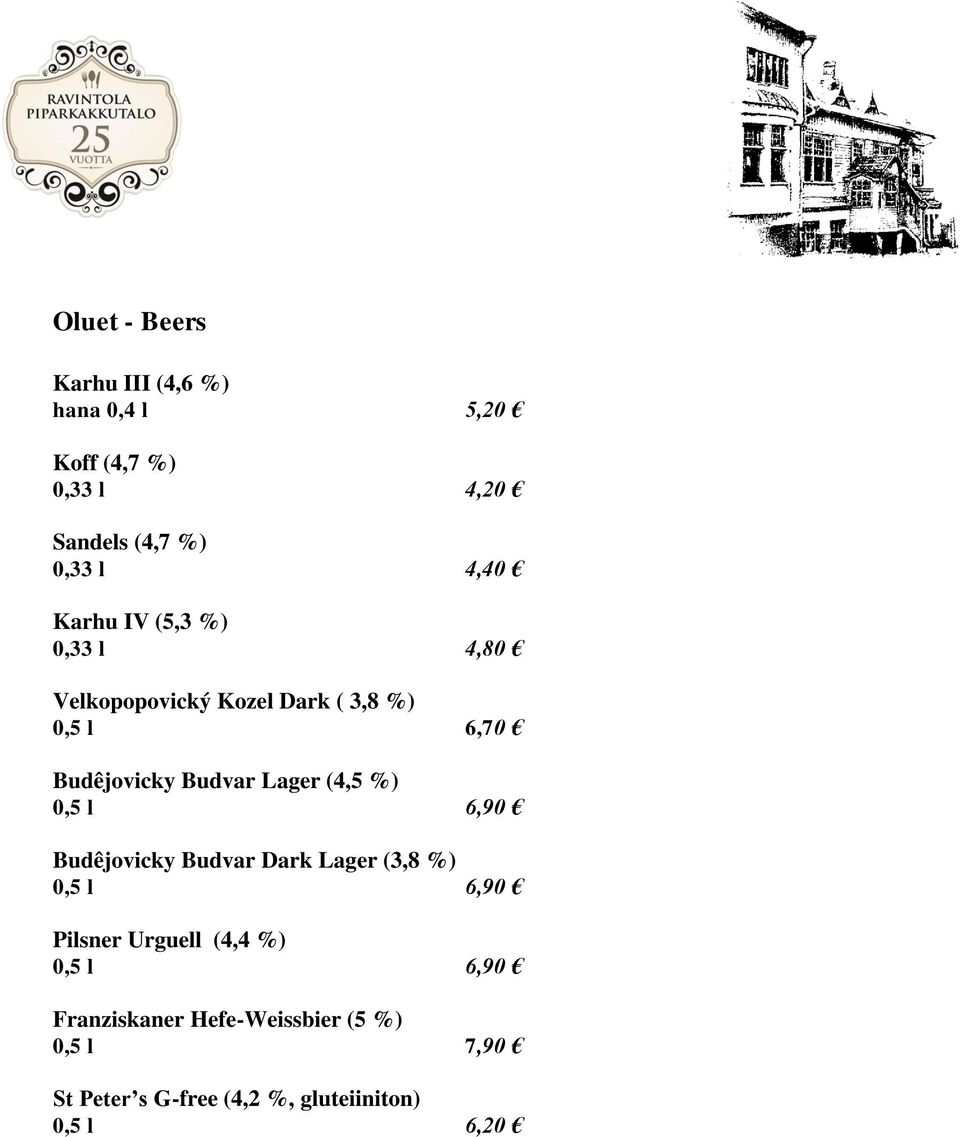 Lager (4,5 %) 0,5 l 6,90 Budêjovicky Budvar Dark Lager (3,8 %) 0,5 l 6,90 Pilsner Urguell (4,4 %)