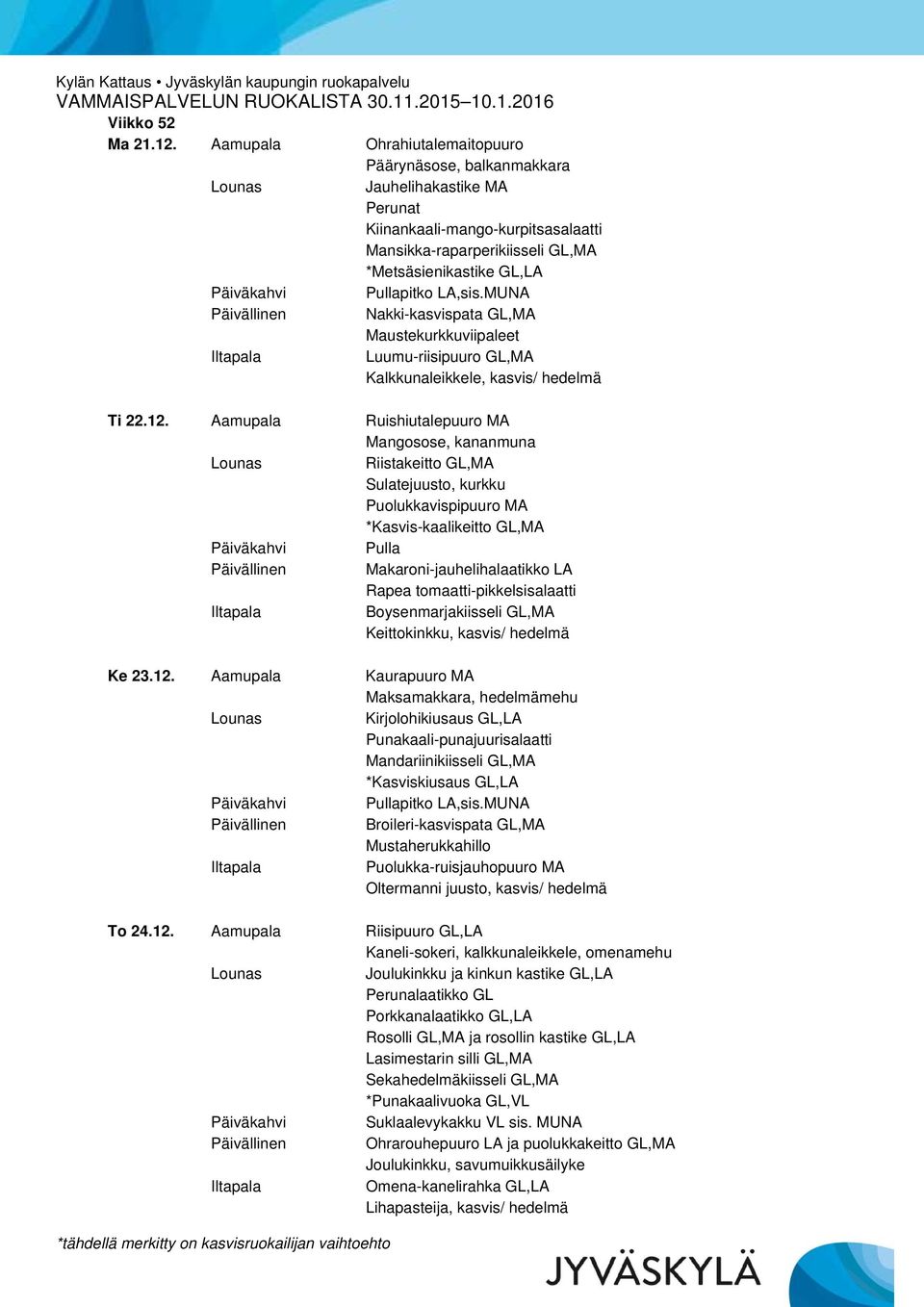 Luumu-riisipuuro GL,MA Kalkkunaleikkele, kasvis/ hedelmä Ti 22.12.